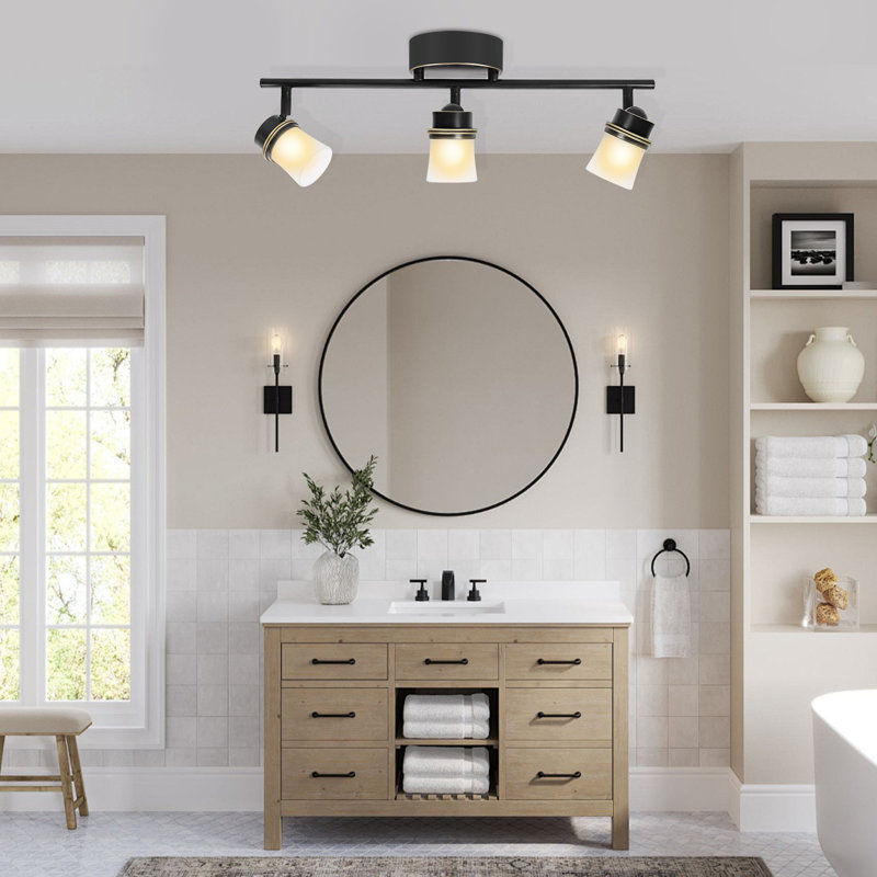 3 Light Dimmable LED Track Lighting Kit, Matte Bronze Flush Mount Ceiling Light Fixture with Etched Glass Shades, Adjustable Wall Lamp with Integrated LED Bulbs