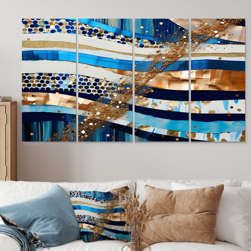 «Blue Sparkling Gold Current - Waves», art mural 4 pièces, H 28 po x l 48 po