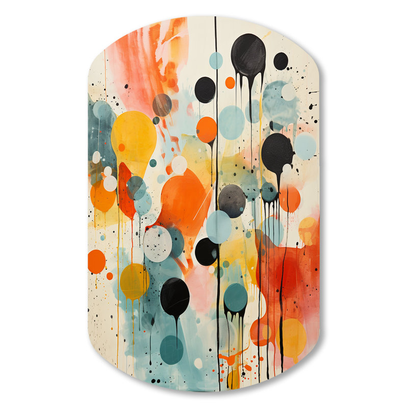 Abstraction atomique colorée du milieu du siècle I - impression abstraite asymétrique en métal de style Mid-Century, sculpture murale en métal cylindrique