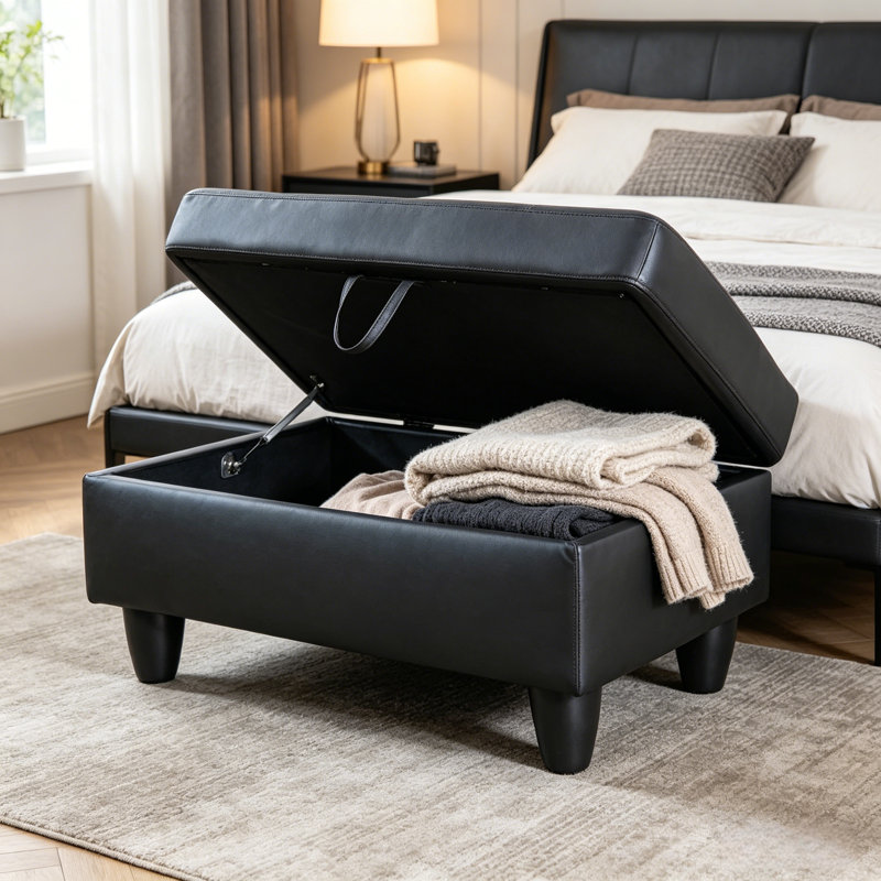 Repose-pied avec rangement en similicuir, Similicuir noir