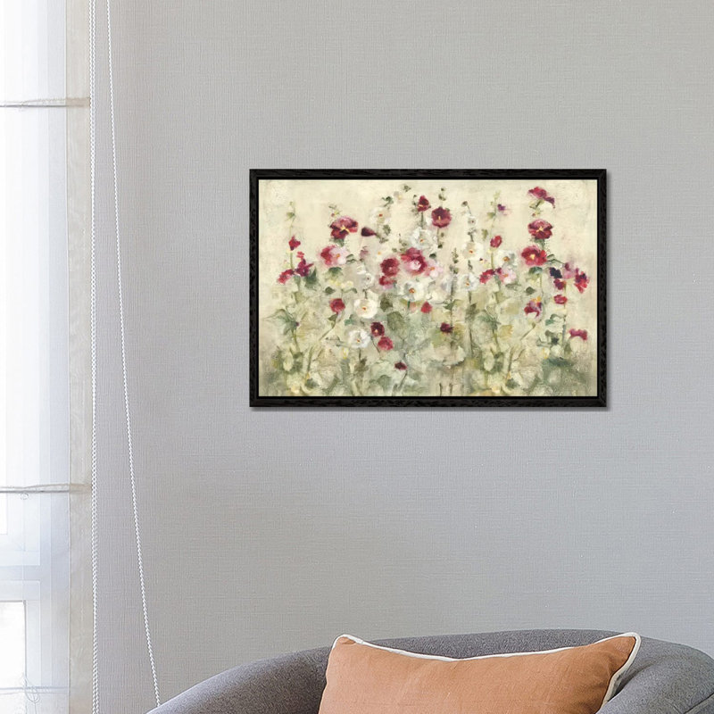 Hollyhocks Row Cool by Cheri Blum - Print on Canvas, 101.6 cm H x 66.04 cm W, Black Floater Framed