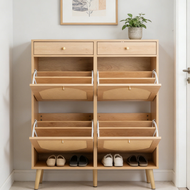 Armoire à chaussures en rotin naturel avec 2 tiroirs et 4 compartiments rabattables, 105 x 24 x 110 cm, solution de rangement pour hall d'entrée