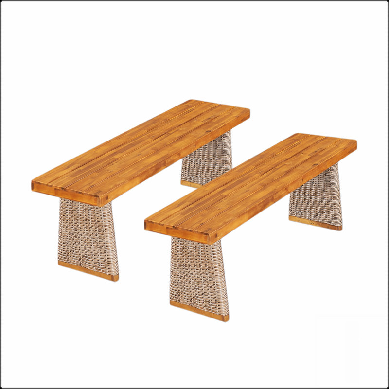 Bancs d'extérieur en bois d'acacia durable (ensemble de 2) avec finition en teck et détails en osier pour patio et jardin