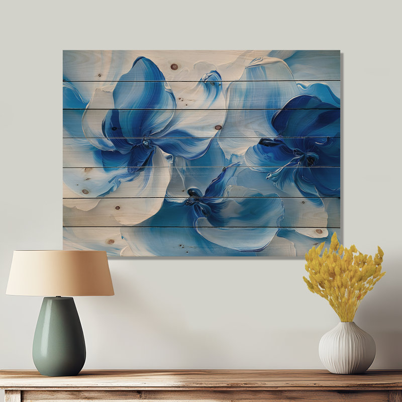 Motif de pétales de fleurs délicates bleu océan - Fleurs, décoration murale en bois - sur bois de pin naturel
