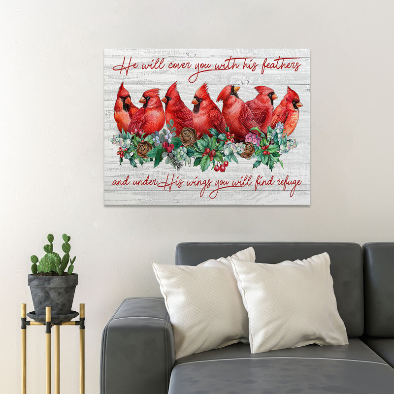 Red Birds and Flowers - He Will Cover You - 1 pièce, impression d'art graphique rectangulaire sur toile tendue