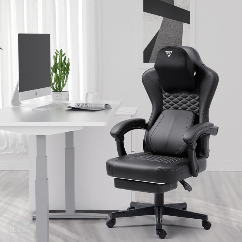 Fauteuil de jeu ergonomique à massage chauffant avec soutien lombaire, coussin à ressorts ensachés et repose-pieds réglable pour un confort accru