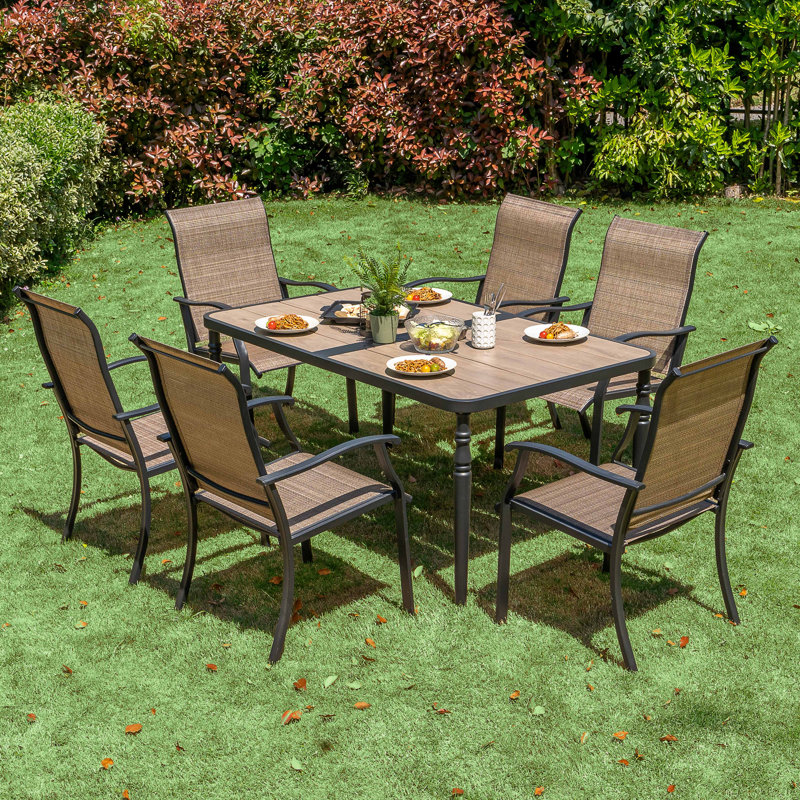 Patio PVC-coated polyester Dining Set Of 7 With Umbrella Hole, Wood-grain Tabletop, Brown