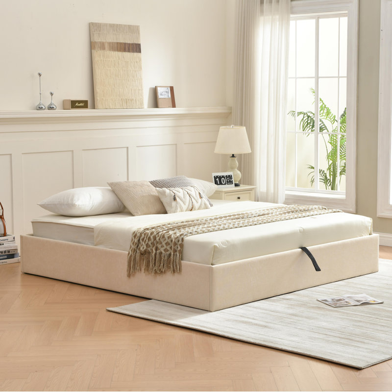 Lit de rangement relevable Braud, Grand lit, Beige