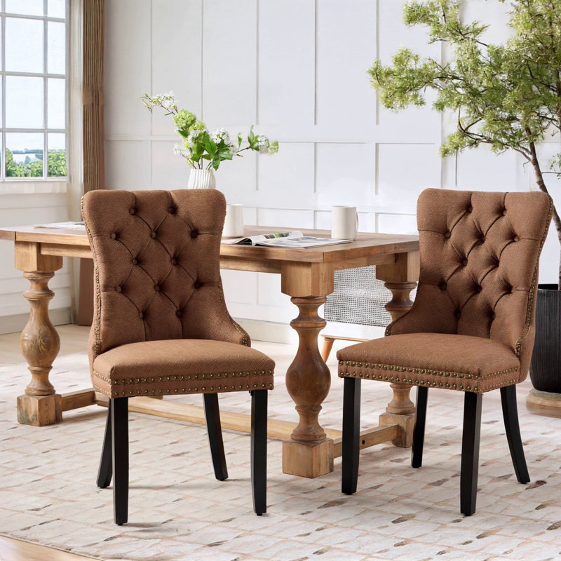 High-End Tufted Solid Wood Contemporary Flax Upholstered Linen Dining Chair With Wood Legs Nailhead Trim 2-Pcs Set, Black