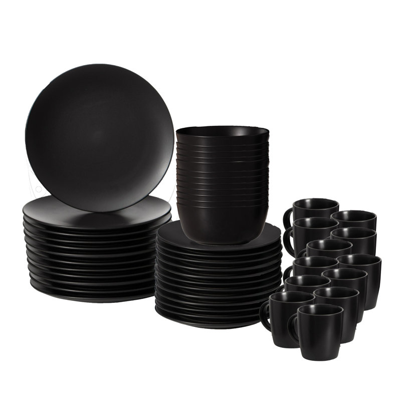 Service de vaisselle 48 pièces pour 12 personnes 48 pièces | Ensemble de grandes tasses, assiettes à salade et bols, plats résistants aux ébréchures et aux fissures, va au lave-vaisselle et au micro-ondes, noir