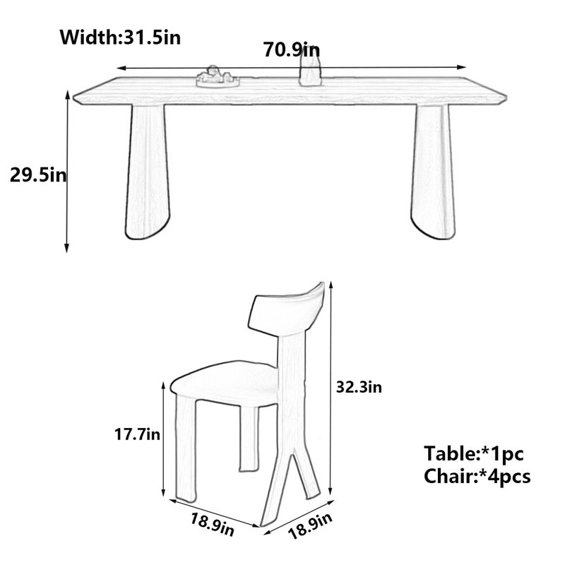 Rounded Edge Thick Table with Wood Legs, 29.5"H x 70.9"L x 31.5"W