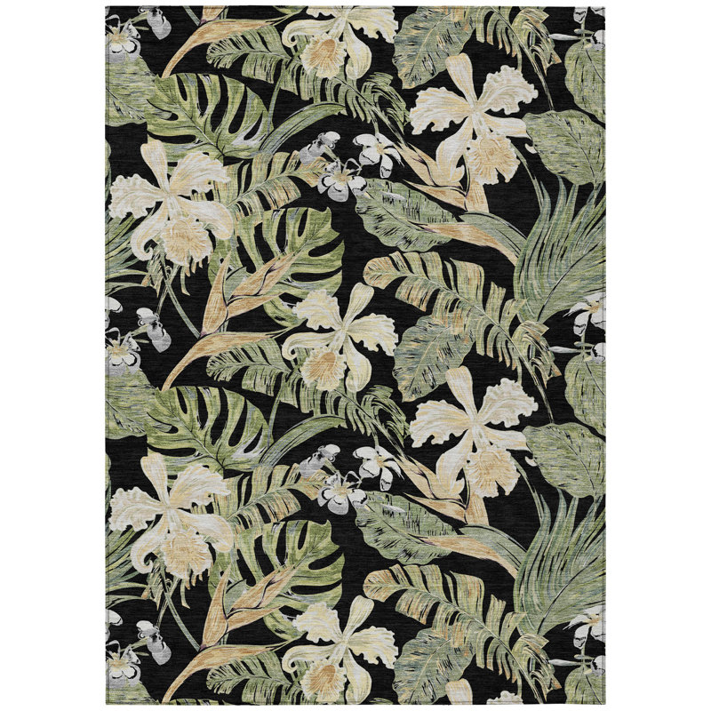 Addison 3' x 5' Black Synthetic Floral Washable Rug