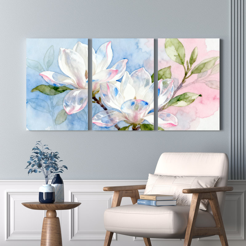 Aquarelle, fleur de magnolia, art mural, impression florale (ensemble de 3), H 18 po x l 36 po