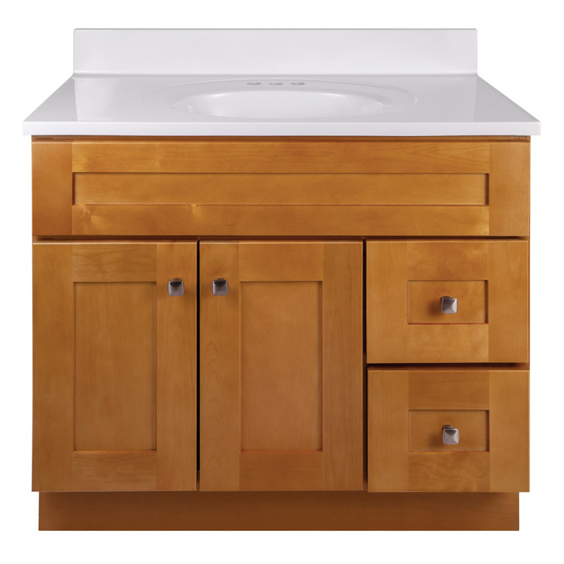 Brookings 37 Inch Solid Wood Bathroom Vanity with Solid White Top, Assembled, Sherwin Williams – Design House, 216069, Brown