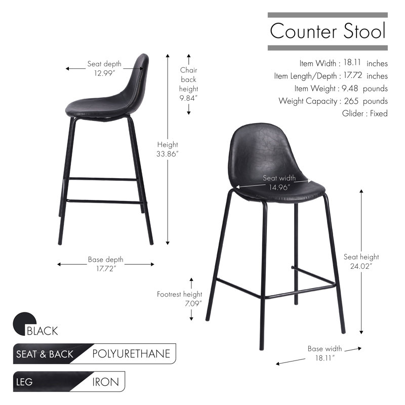 Darby Bar Stool, Counter Stool (24” Seat Height), Black