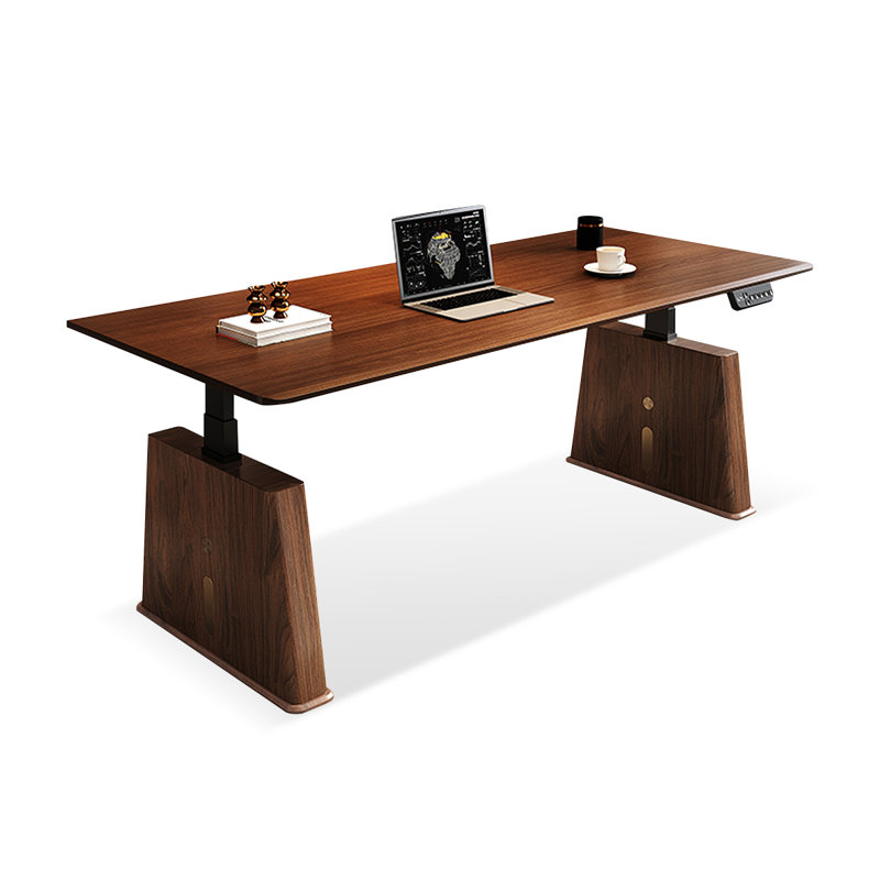 Nut-brown + Black Rectangular Hight adjustable Solid + Manufactured Wood + Steel desk, 49.21" H x 78.74" W x 31.50" D