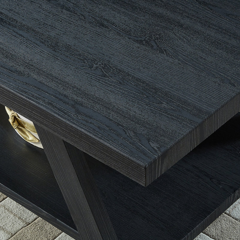 Table basse rectangulaire avec plateau en bois manufacturé et tablette, Noir, Noir