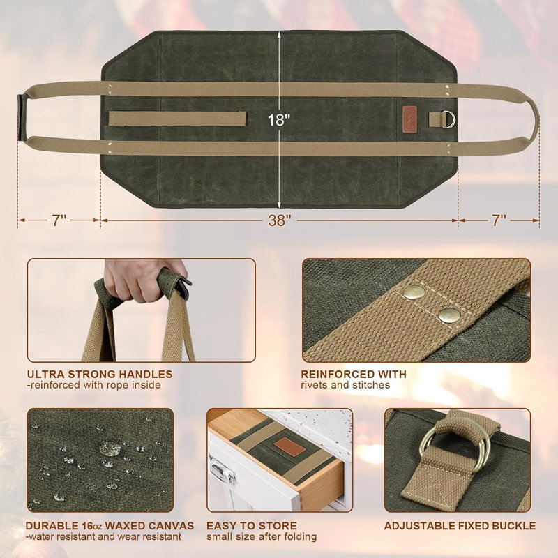 Fourre-tout en bois ciré 16 oz - sangles doubles renforcées robustes pour le camping et le foyer