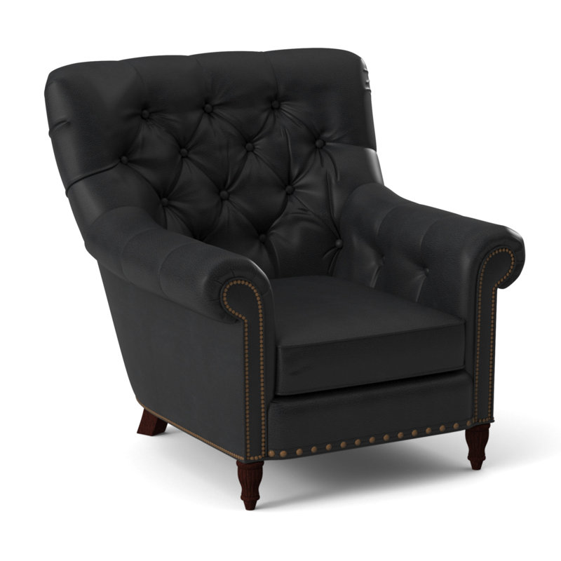 Fauteuil en cuir capitonné de 35,5 po de large Kirby, Naturel no 9 et no 54, Cuir véritable Outsider Raven, Acajou