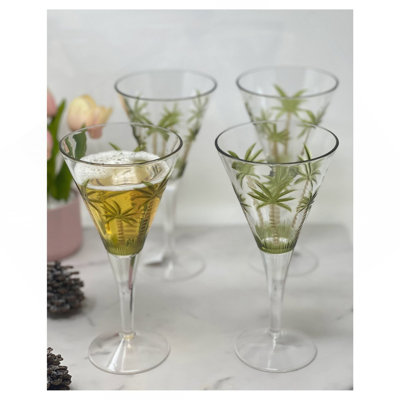 Palm Tree V Shaped Plastic Wine Glasses Set Of 4 (14Oz), BPA Free Acrylic Wine Glass Set, Unbreakable Red Wine Glasses, White Wine Glasses