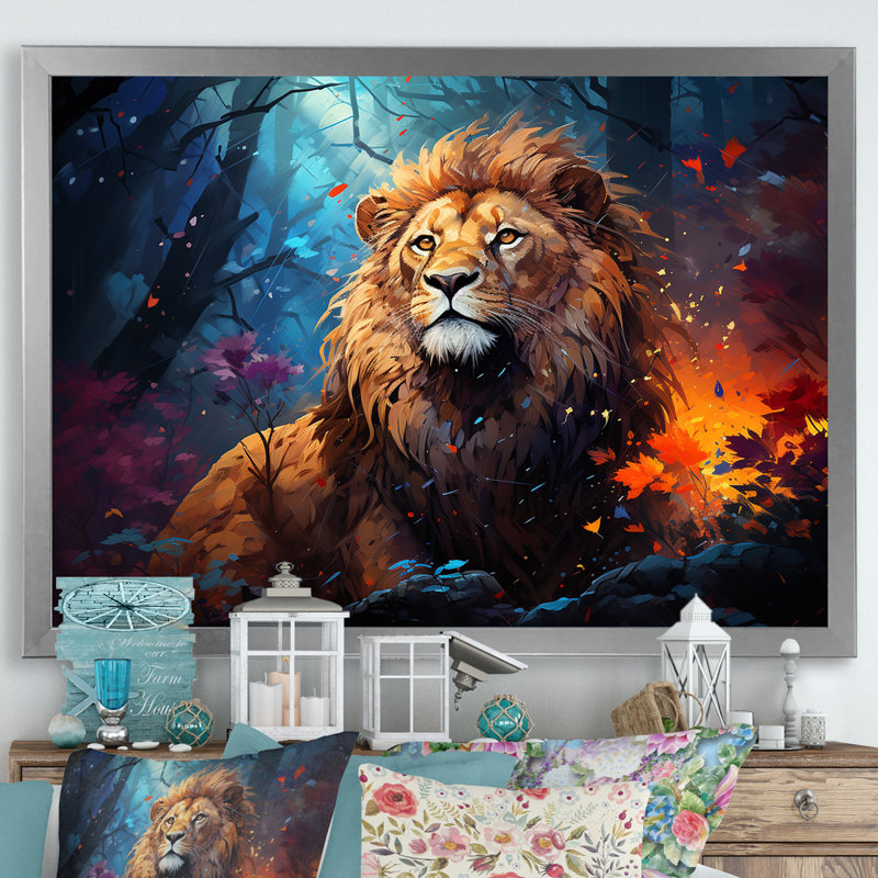 «Lion Vivid Majesty I» sur toile, Cadre simple argenté, H 16 po x l 32 po x P 1 po