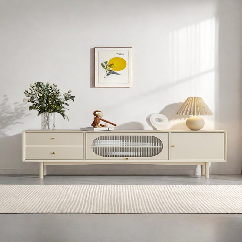Meuble télé en bois massif de style japonais, Crème, crème, 62.99"