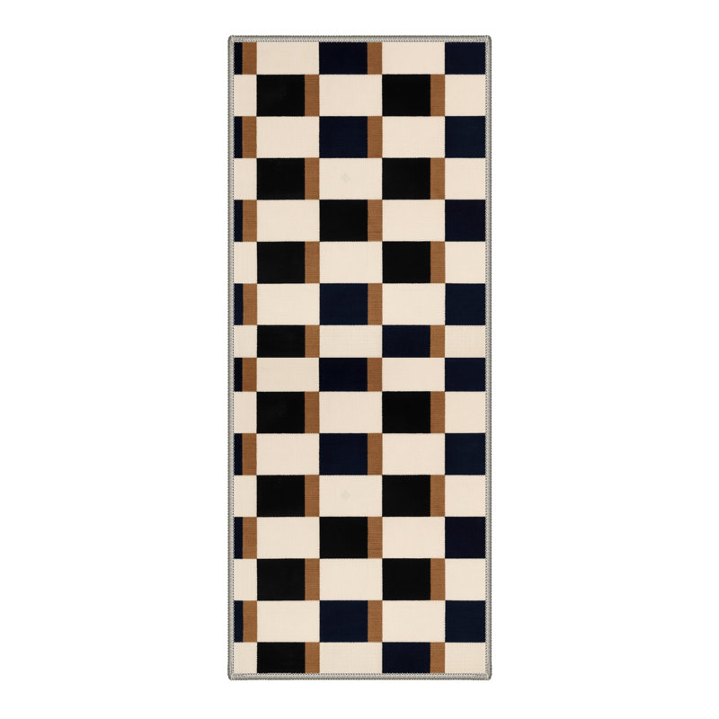 Tapis d'intérieur à carreaux lavable à la machine / brun / noir Liadan, Runner 2' x 7'