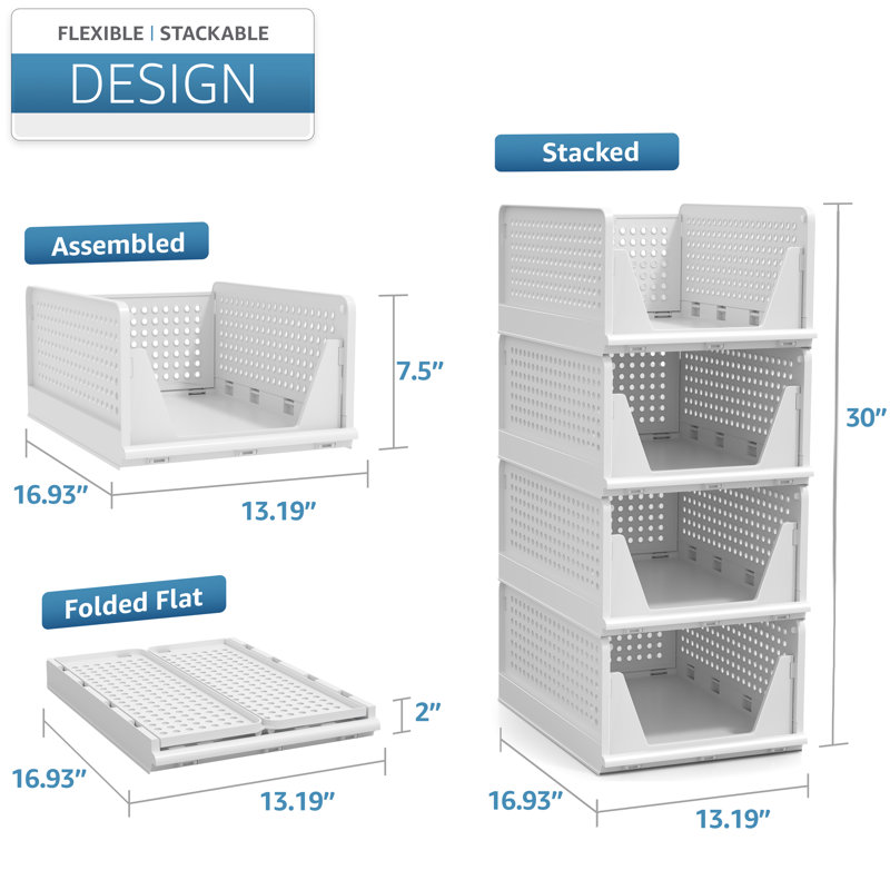 Sorbus 4 Pack Folding Shelf Organizer - Stackable Closet Shelf Organizer Baskets for Clothes, Closet, Bathroom, Kitchen, Garage - Easy Access Open Front Design Under Shelf Organizer