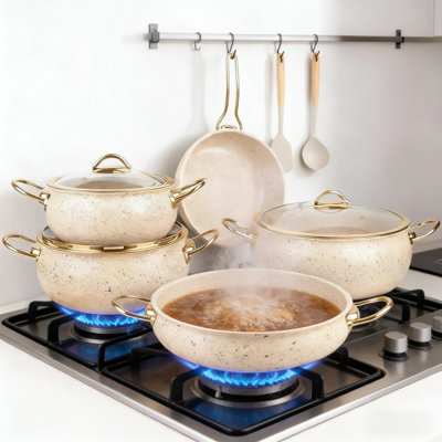 Batterie de cuisine de 12 pièces en acier inoxydable, casseroles et poêles antiadhésives entièrement recouvertes à 5 épaisseurs avec poignées Stay-Cool, compatible avec toutes les surfaces de cuisson, conception empilable pour économiser de l'espace
