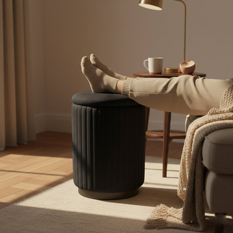 Round Ottoman Vanity Stool with Storage, Black