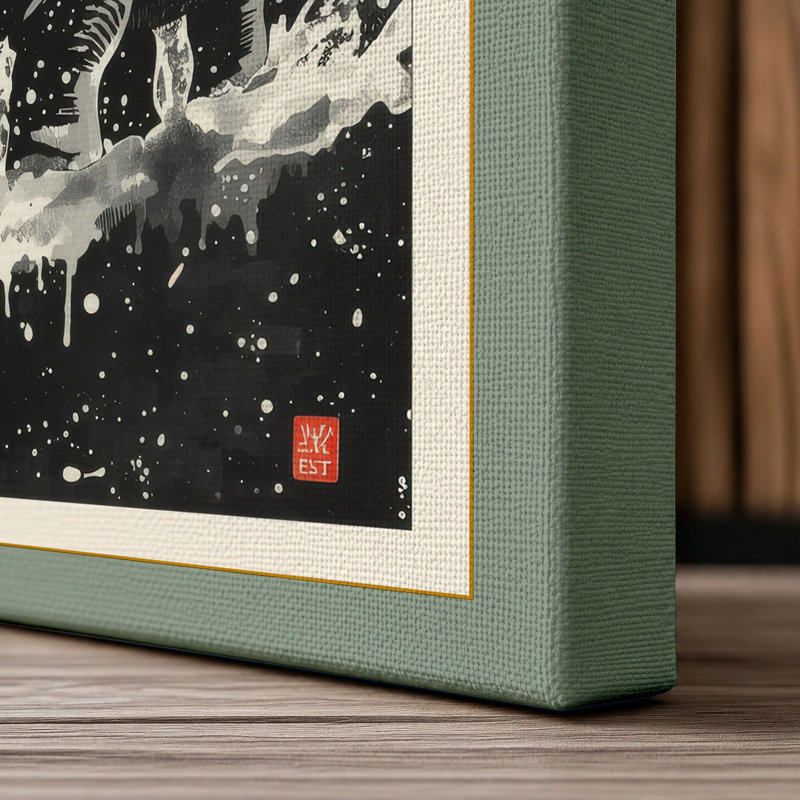 Hippopotamus Under Stars Japandi - Wrapped Canvas, 24x16 - 61.0 x 40.6 cm, Sage Border