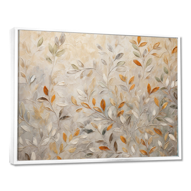 Impressions botaniques beiges I - reproductions de toiles abstraites, H 16 po x l 32 po x P 1 po, Cadre flottant blanc