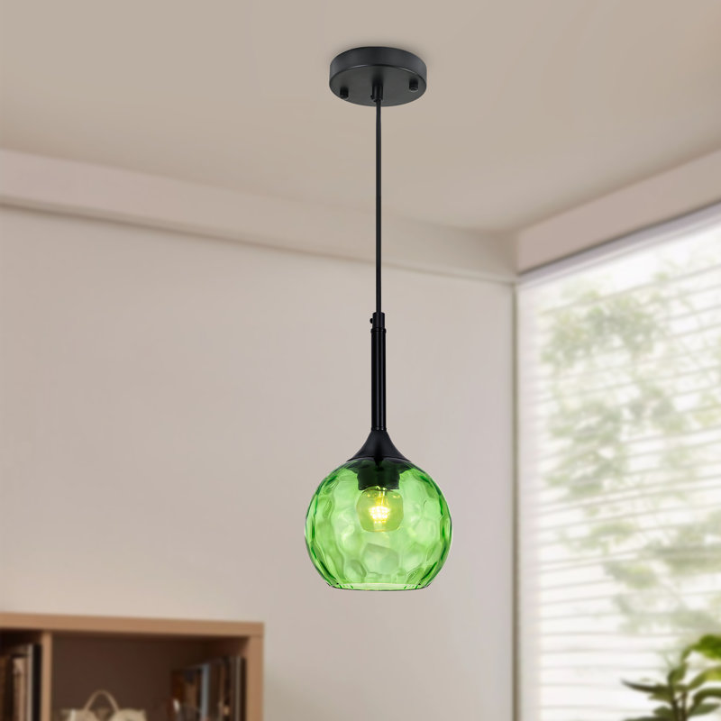 1-Light Matte Black Pendant Light Fixtures Over Island With Hammered Glass Shade, Green