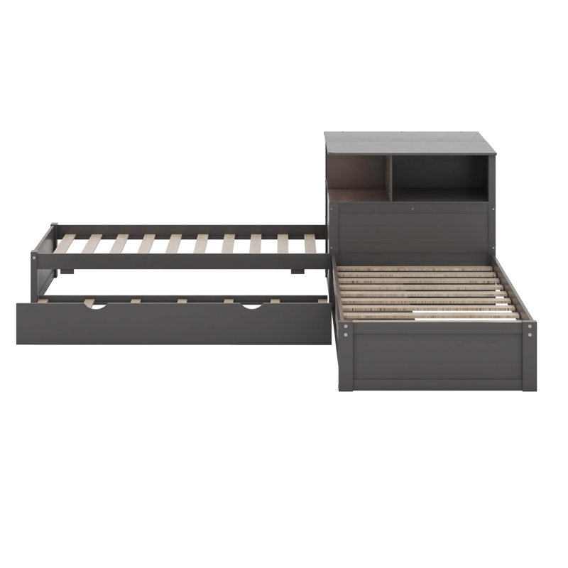 Lit plateforme simple en L avec armoires de rangement, bureau, lit gigogne et lumière DEL, gris