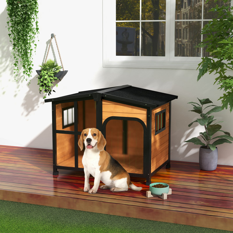 Outside Cabin-Style Wooden Dog House For Large Dogs With Openable Roof & Giant Window