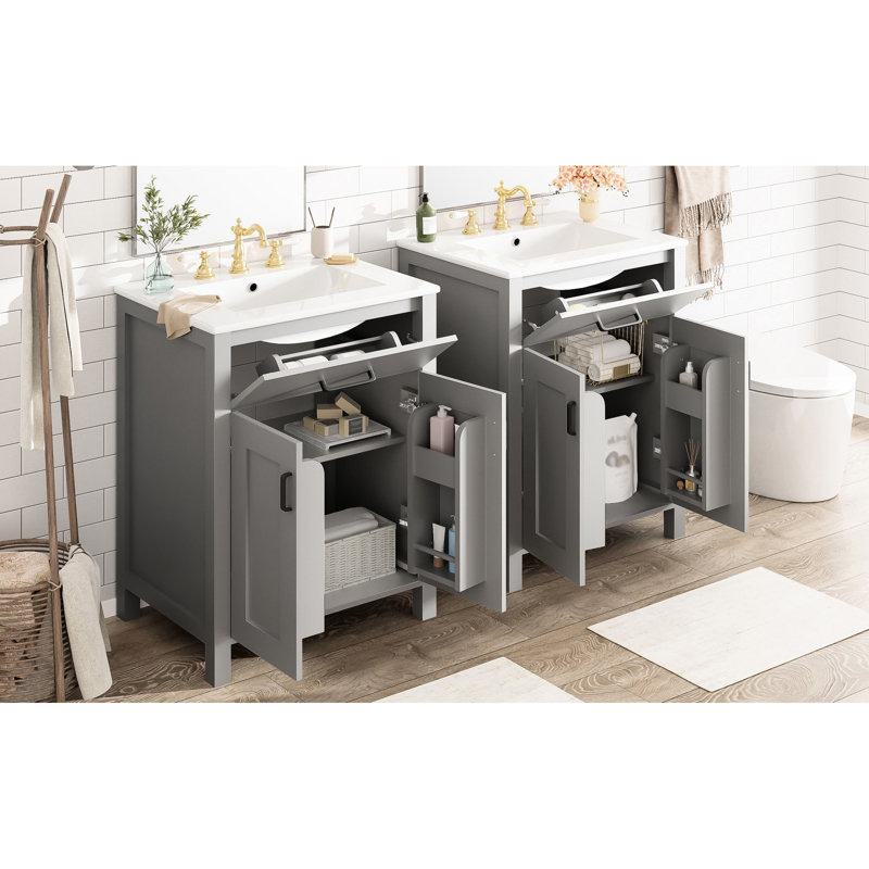 Meuble-lavabo moderne comprenant un lavabo en céramique, des pieds en bois massif et une tablette double en U réglable avec deux lavabos, une fonction silencieuse à fermeture en douceur et un tiroir rabattable