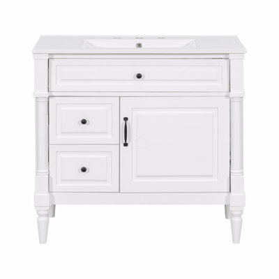 Meuble-lavabo 36 po avec lavabo, tiroir rabattable, tablette réglable, structure en bois d'hévéa et panneaux en bois aggloméré, poignées en métal avec finition peinte