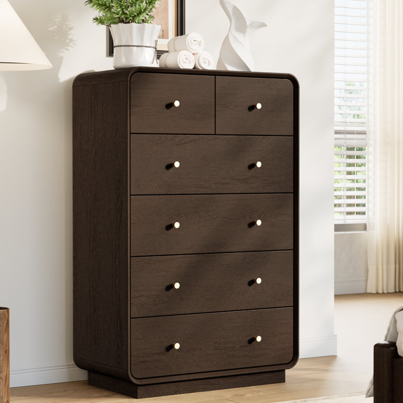 Commode 6 tiroirs pour chambre à coucher, commode moderne de 43,3 po de hauteur avec profil incurvé, meuble télé en bois avec poignées en métal doré, grande commode 6 tiroirs pour chambre à coucher, salon, chêne naturel