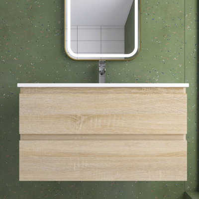 Meuble-lavabo mural 36 po avec tiroir en contreplaqué de chêne clair et vasque en céramique blanche intégrée 36 po