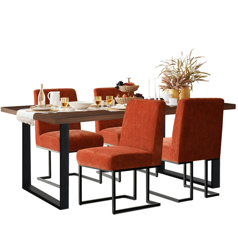 Cederick 4-Person Dining Set with Rectangular Table, Walnut, Orange