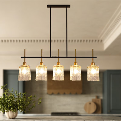 Homewave 5-Light Modern Farmhouse Linear Chandelier, Black and Gold Kitchen Island Light with Ripple Textured Glass Shades, Transitional Adjustable Height Dining Room Ceiling Light Fixture for Flat/Sloped/Vaulted Ceilings