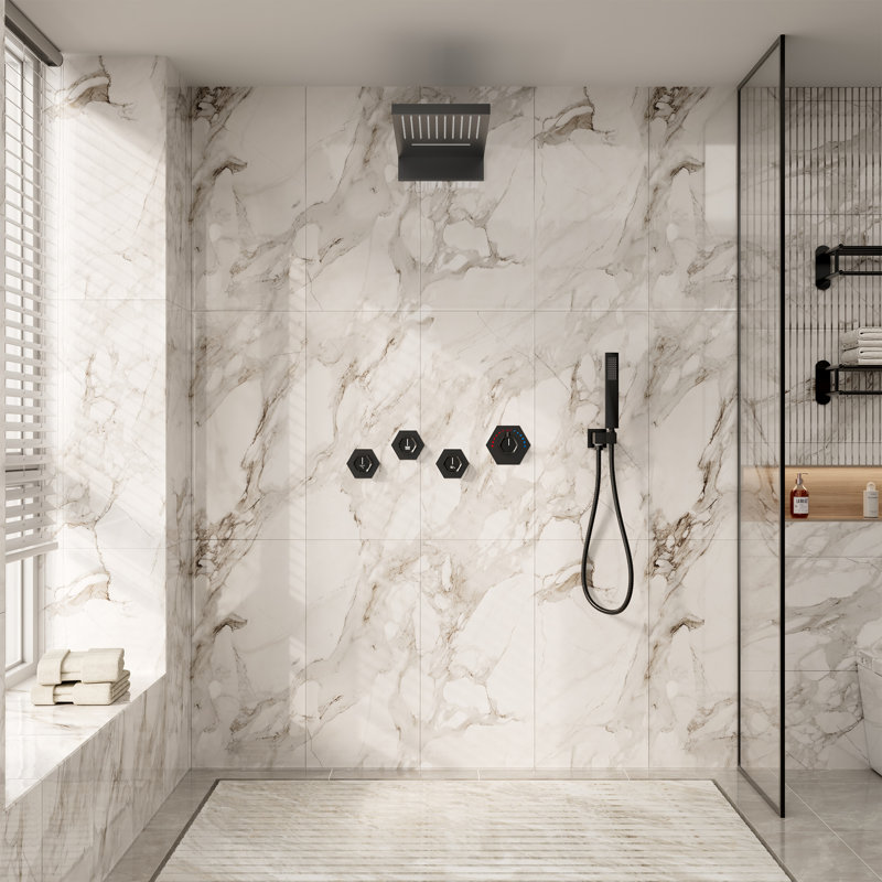 22" Wall-Mount LED Bluetooth Music Thermostatic Rainfall Complete Shower System with Rough in-Valve, Matte Black
