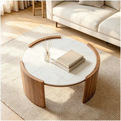 Table basse luxueuse ronde en pierre frittée, table centrale 31,5 pouces au look de marbre Pandora avec pieds en dalle de noyer épais, table de cocktail circulaire élégante pour salon italien moderne