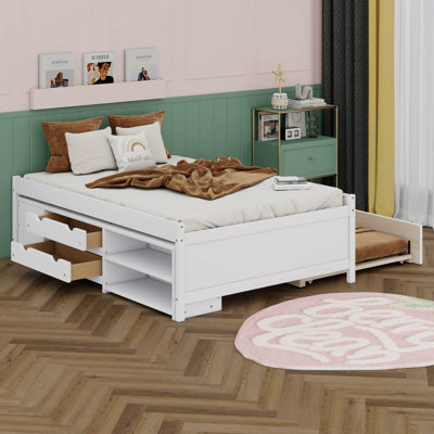 Full Size Bed With Under Bed Storage Drawers And Shelves, Multifunctional Bed Frame With Pull Out Trundle