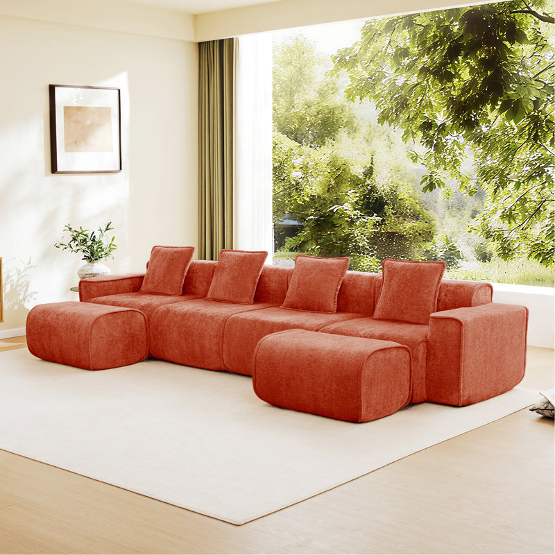 Canapé modulaire modulaire, canapé 4 places avec coussins décoratifs et deux repose-pieds mobiles, Rouge