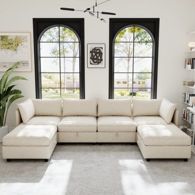 Canapé d'angle modulaire, convertible en lit 6 places avec compartiments de rangement, revêtement en chenille beige, coussins de dossier en mousse haute densité et ressorts ensachés, structure en bois, fixation par clips en plastique.