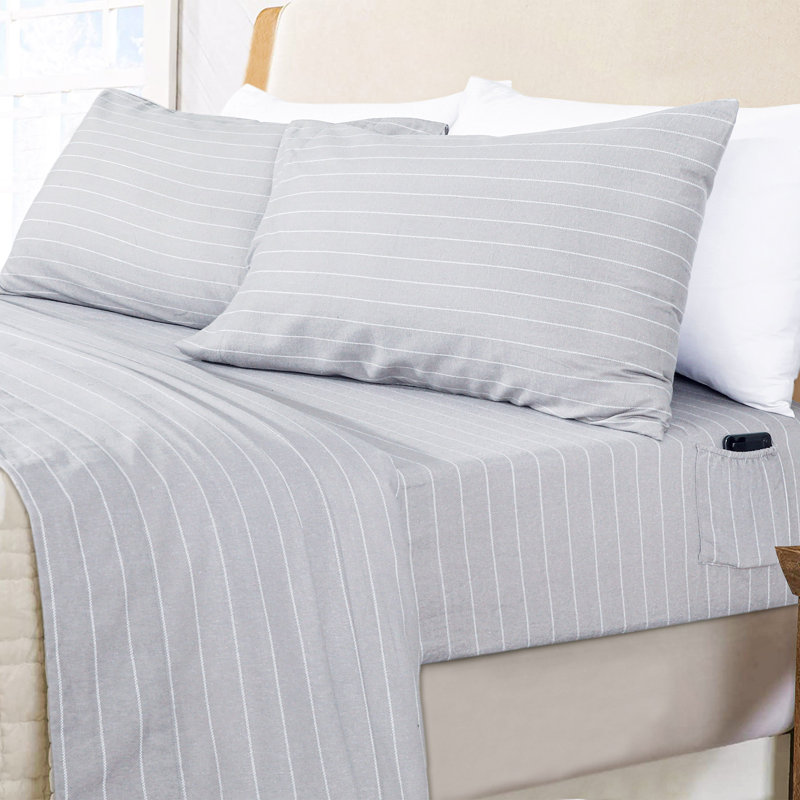 Queen Gray Stripe Cotton Flannel Deep Pocket Sheet Set