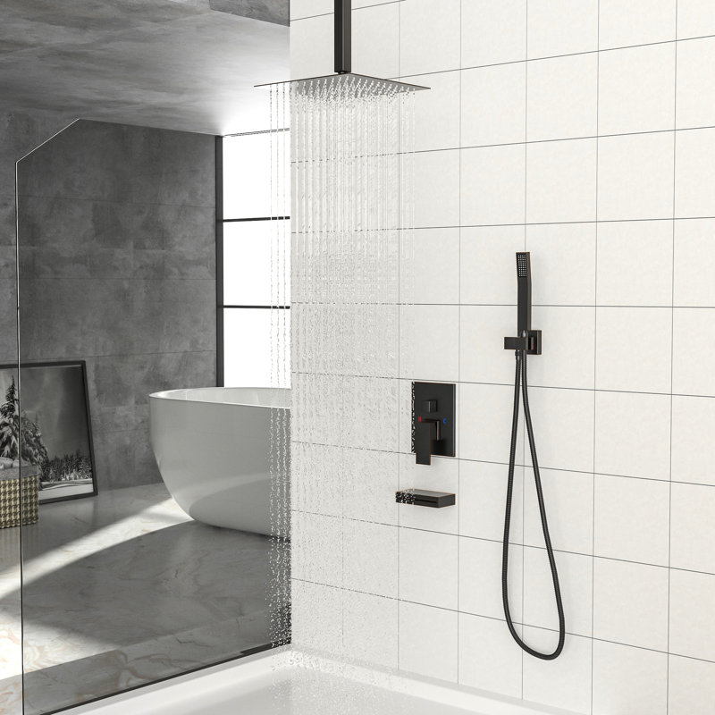 Oil Rubber Bronze Shower Package With Waterfall Feature And Handheld - 12" Ceiling Mount Square Rain Head, -Balanced Valve, Easy Install System Tub Spout Rainfall Head 12 Inch Mount, Handheld,
