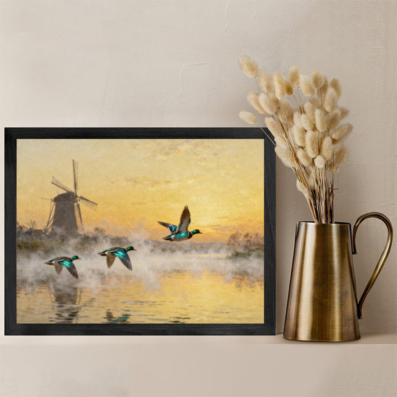 Reproduction d'art encadré noir, oiseaux volants sur la mer, style rétro, H 9 po x l 11 po