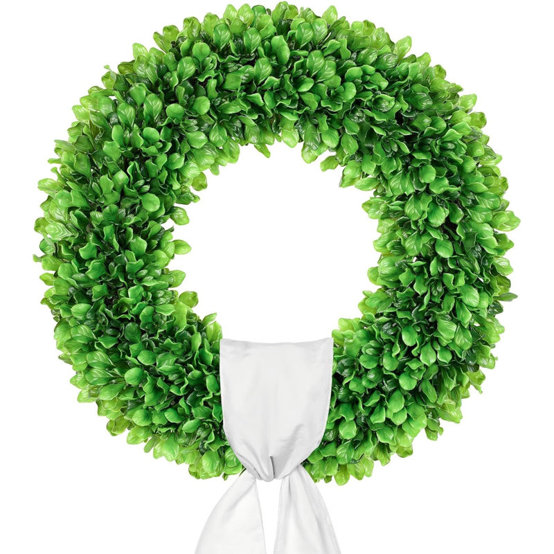24 Inch Large Boxwood Wreath for Front Door, Round Artificial Spring Summer Greenery Wreath with Hello Sign & Sash, Green Wreaths for Farmhouse Wedding Year Round Indoor Outdoor Home Decor